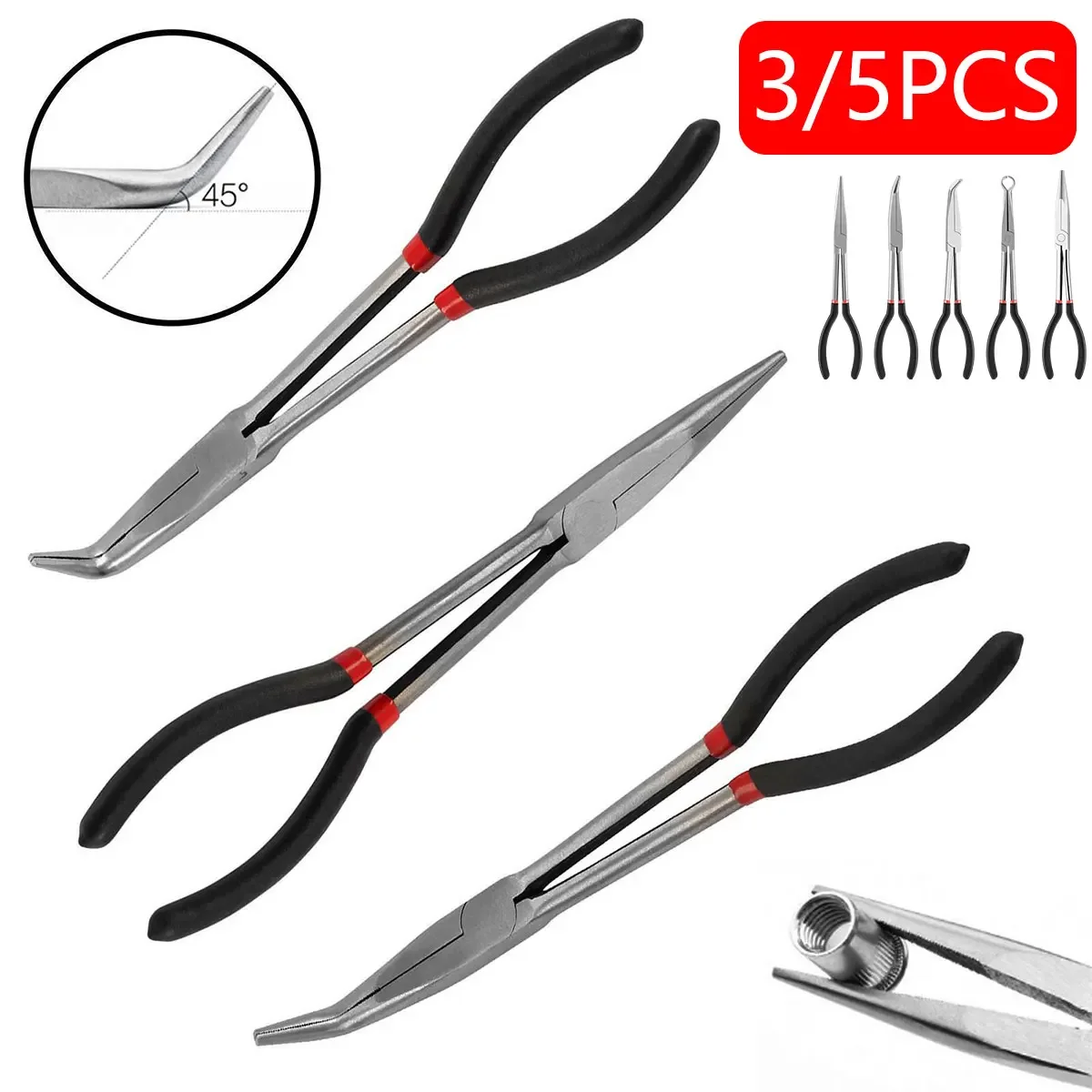 

Long Nose Plier 11" Long Reach Straight Clamp for Machinist Repair Tool Bent Nose Tongs Protable Non-slip Circle Pliers 3/5pcs