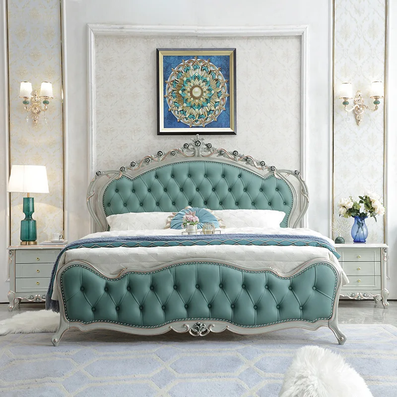 

Modern French Solid Wood Princess Bed Leather Backrest Soft Bed Double Size Luxury European Design Home Furniture for Hotel Use