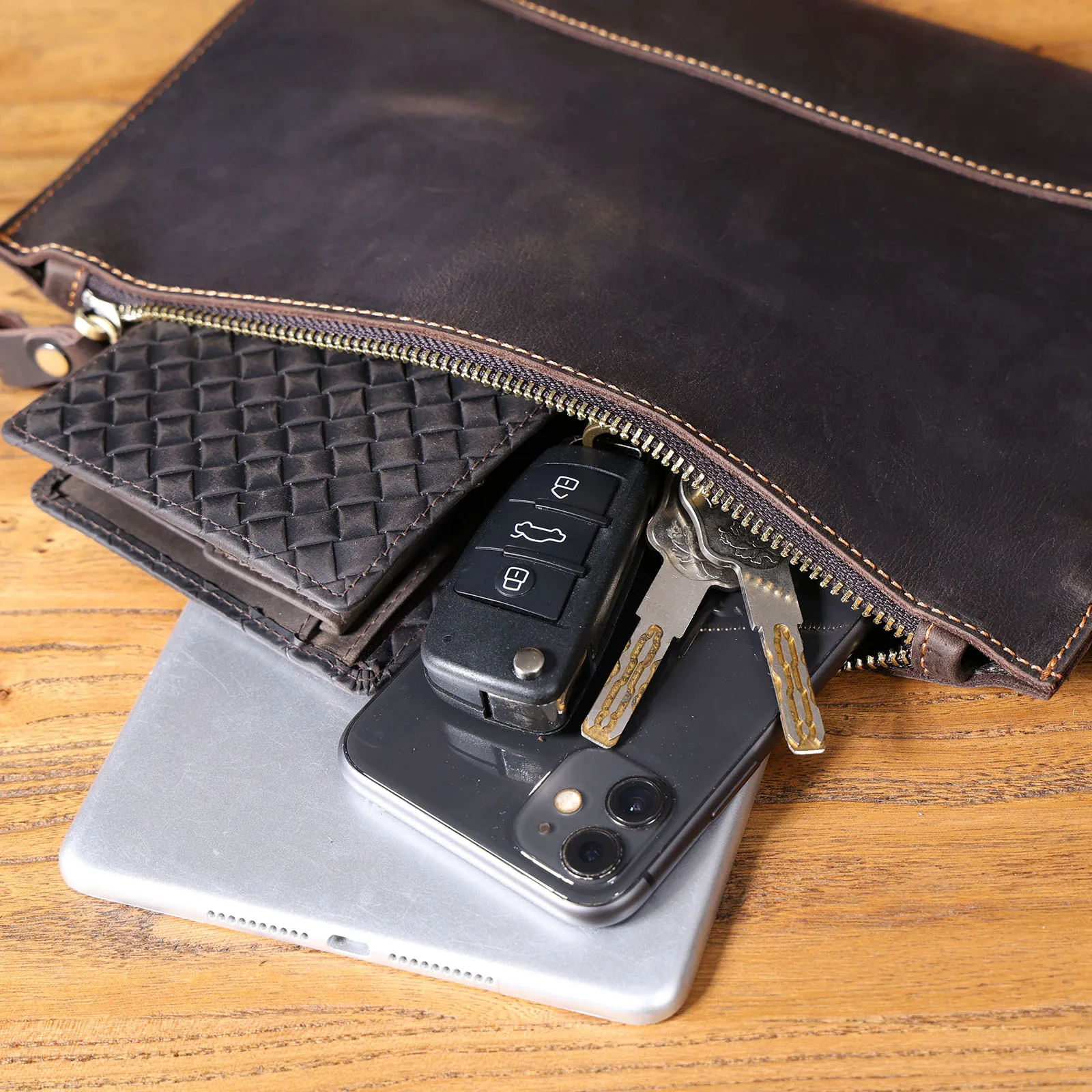 Vintage Echtleder Herren-Clutch-Tasche Lange Geldbörse für Männer Erstklassiges Leder Retro-Kartenhalter Handyhalter – Detail 18