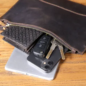 Bolsa de embreagem de couro genuíno vintage masculina, carteira longa bolsa de couro de primeira camada, titular do cartão retrô, suporte do telefone 4 principais vendas true me cabelo organico - №3