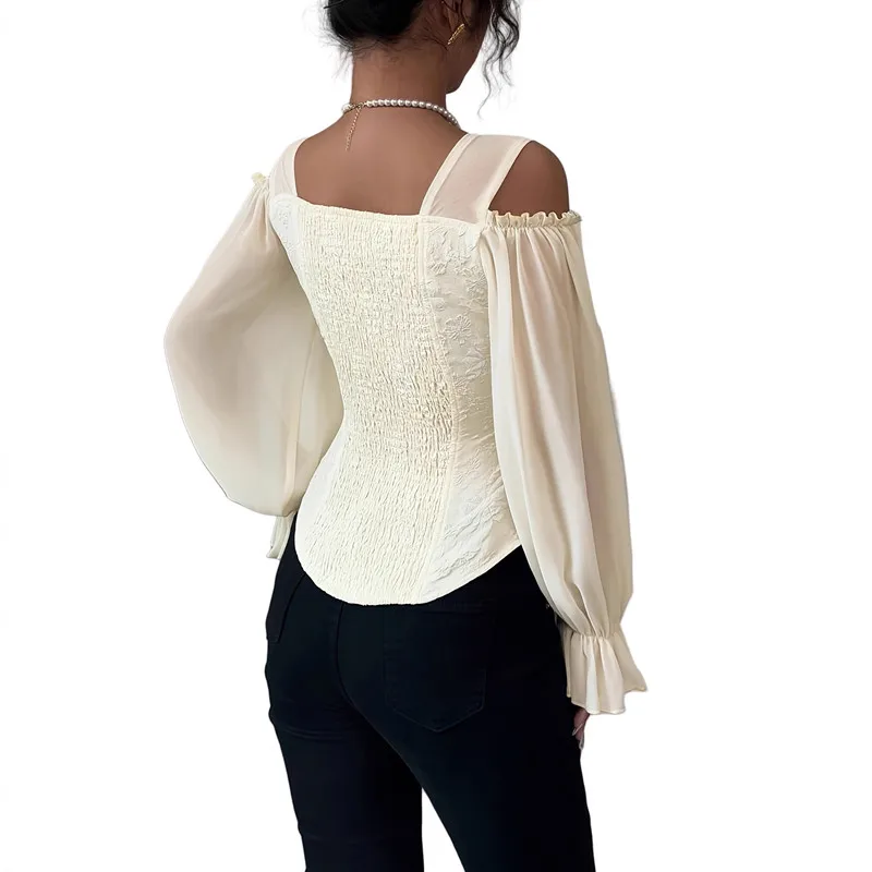 เสื้อผู้หญิงแขนยาวเปิดไหล่ ดีไซน์เซ็กซี่ คอเหลี่ยม ทรงเข้ารูป ผ้าแจ็คการ์ด สีขาวดำ เสื้อท็อปส์ บลาวส์ เสื้อยืด