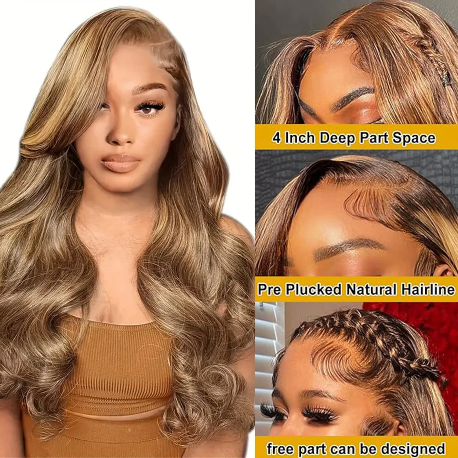 Resaltar peluca con malla frontal 13X4 cabello humano Ombre P4/27 pelucas frontales de encaje rubio miel de color para mujeres peluca de cabello Real 180% ondulado