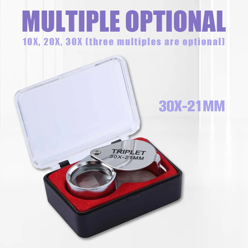 21mm Folding Loupe with Box 10X 20X 30X Portable Metal Magnifier Glass Triplet New Eye Tool for Magnifying Jewelry Diamond Watch