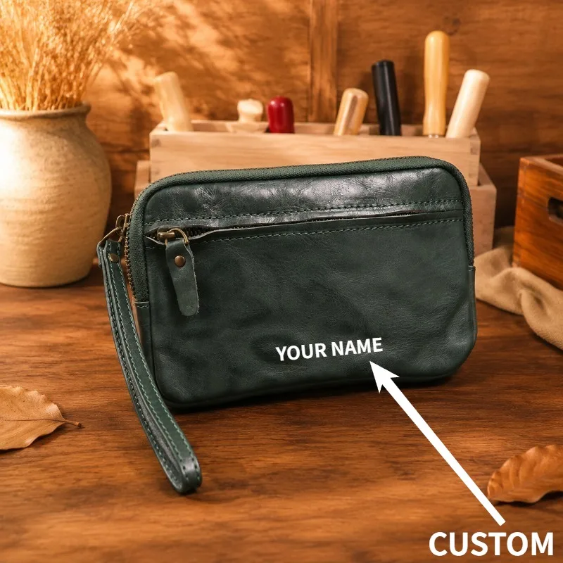 Vintage Handmade Genuine Leather Wristlet Bag Vegetable Tanned Cowhide Phone Pouch Coin Purse Personalized Engraved Gift