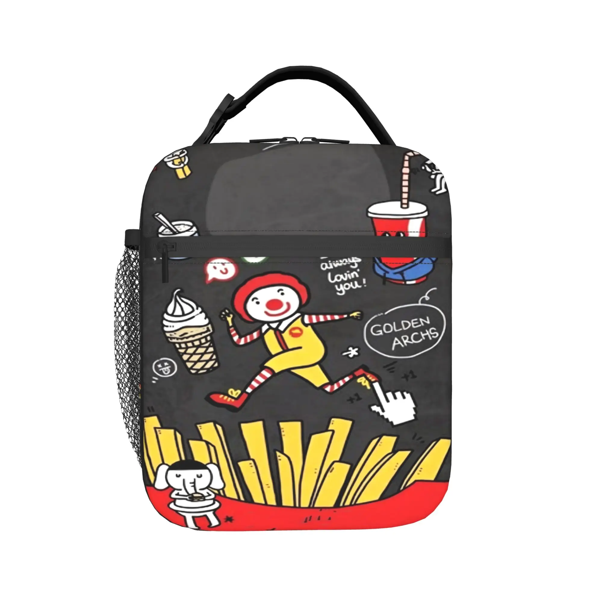 Clown And Fast Food Characters Black Art Lunch Bag Office Lunch Box For Child  Funny Print Thermal Lunch Bags Oxford Cooler Bag