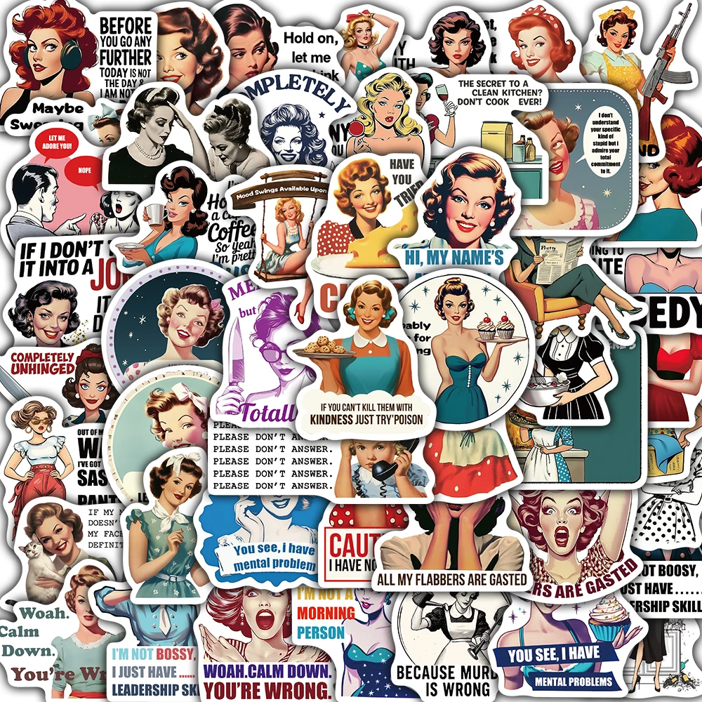 50PCS Retro 80s Woman Sarcastic Housewife Print Sticker Aesthetic Scrapbooking Graffiti Sticker Coffee Phone Greeting Stickers