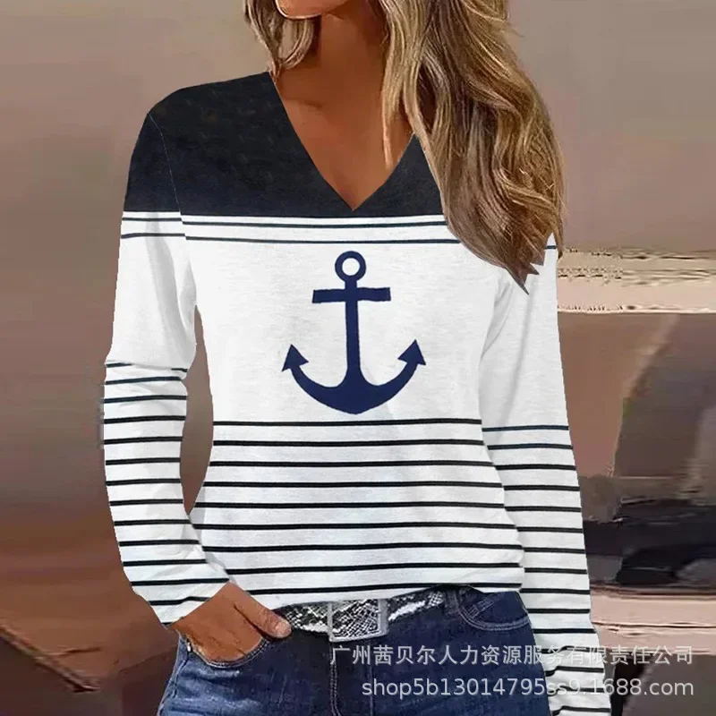 Anchor Print Striped Colorblock V-Neck Long Sleeve Top Women T Shirt Tee Fashion Casual Summer Spring