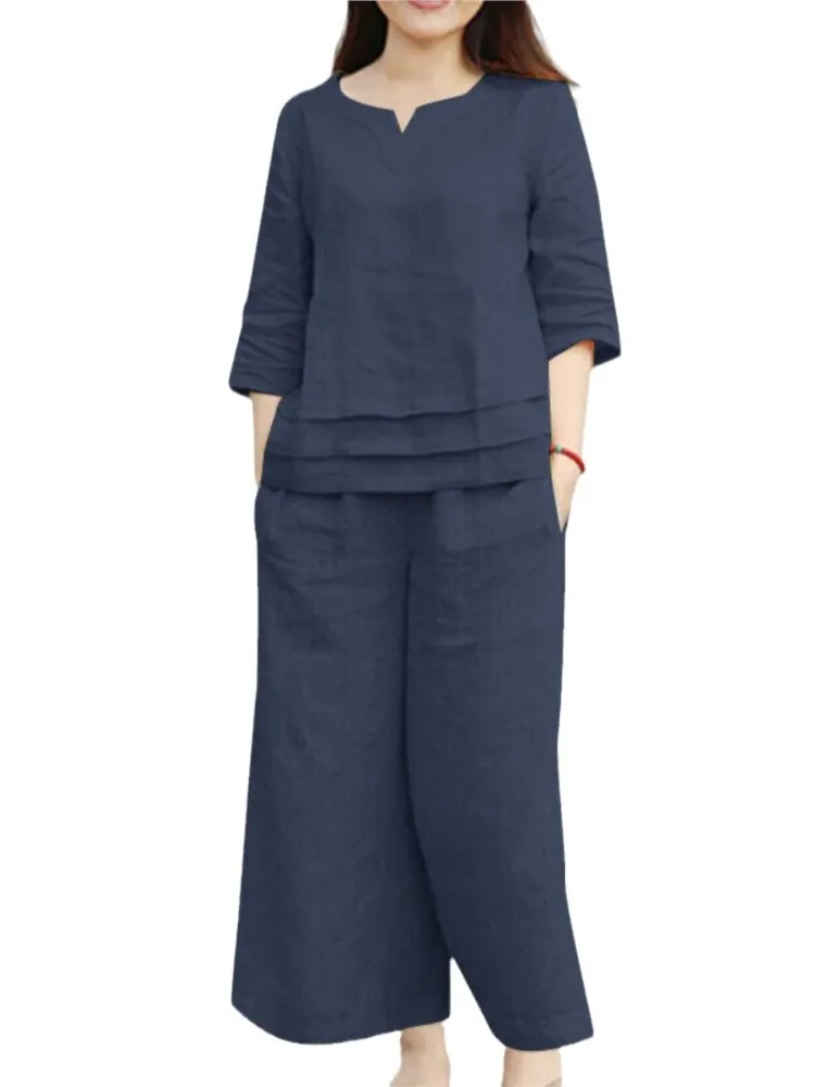 Woman's Solid Color Casual Two-piece Set Spring Autumn Fashion O-neck Half -sleeve Tops Straight-leg Pants Suit Ladies Outfit