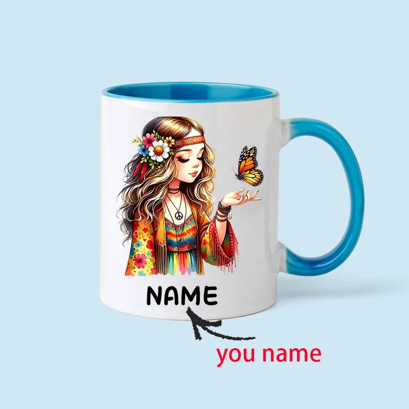 Bohemian Girl Illustration Customizable Name Mug – A Perfect Holiday Gift or Home Coffee Cup for Best Friends