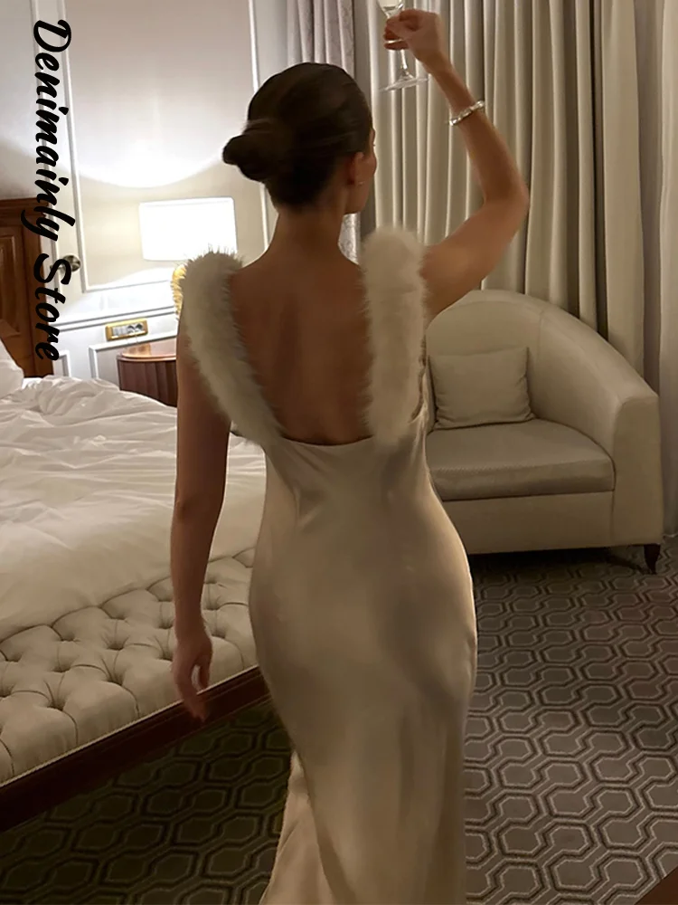 Elegancka satynowa sukienka z imitacji futra na ramiączkach, długa, damska, beżowa, z kwadratowym dekoltem, dopasowana, wieczorowa, kolekcja wiosna 2026, sukienka koktajlowa, sukienka ślubna.