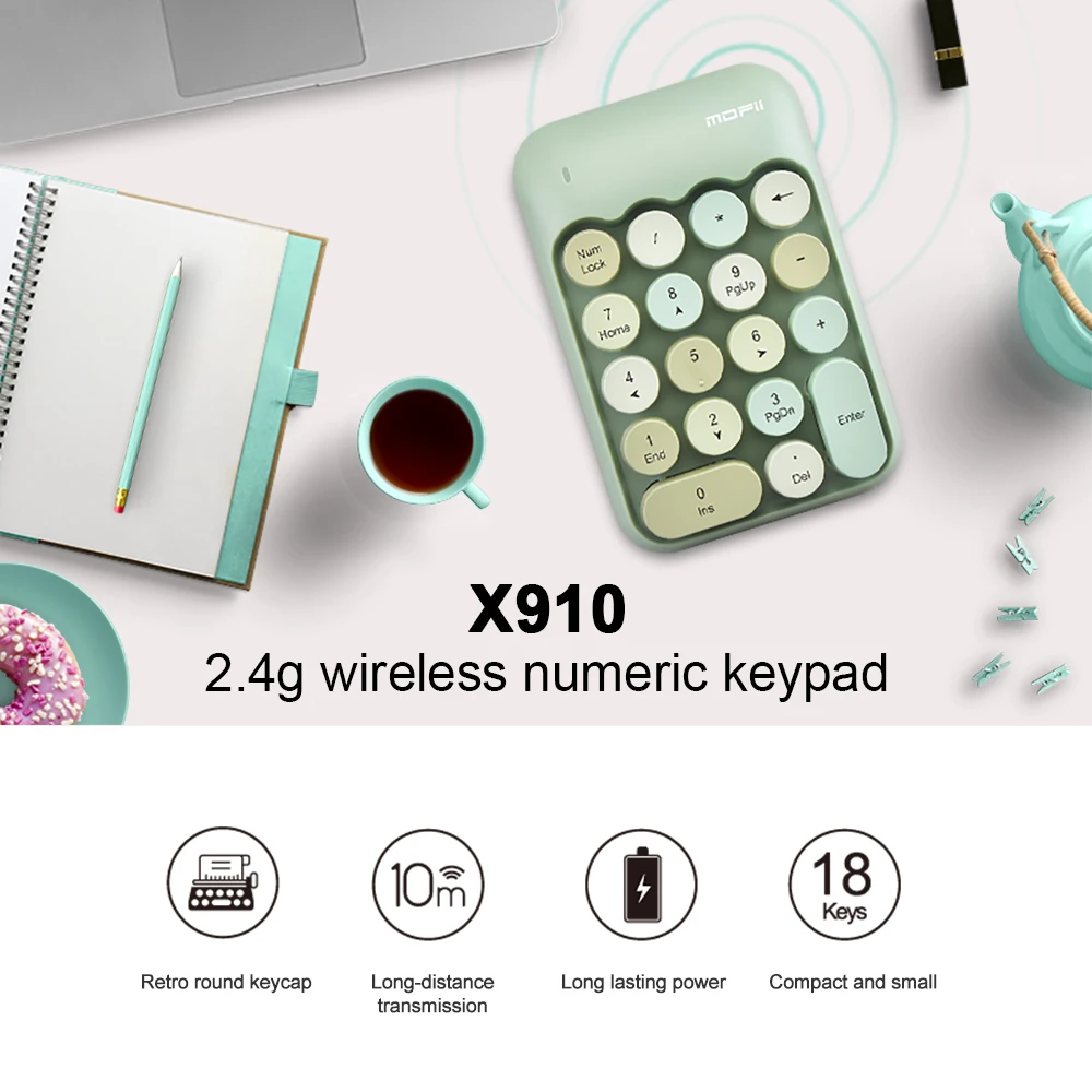 MOFii X910 Wireless Numeric Keypad, Macaron Retro Round Keycaps, Mini External Number Keypad for Finance Accounting Office Work