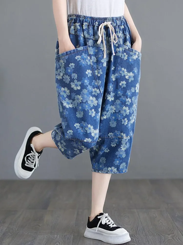 High Waist Calf-length Denim Pants Women New Arrival 2024 Summer Vintage Style Floral Print All-match Female Casual Jeans Z562