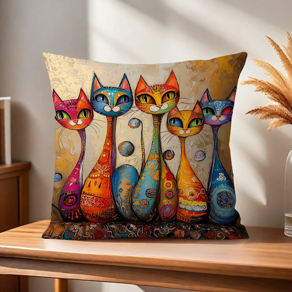 Bunter Katzen-Kunst-Kissenbezug für Zuhause, Sofa, Wohnzimmer, Büro, Café, Auto – Detail 3
