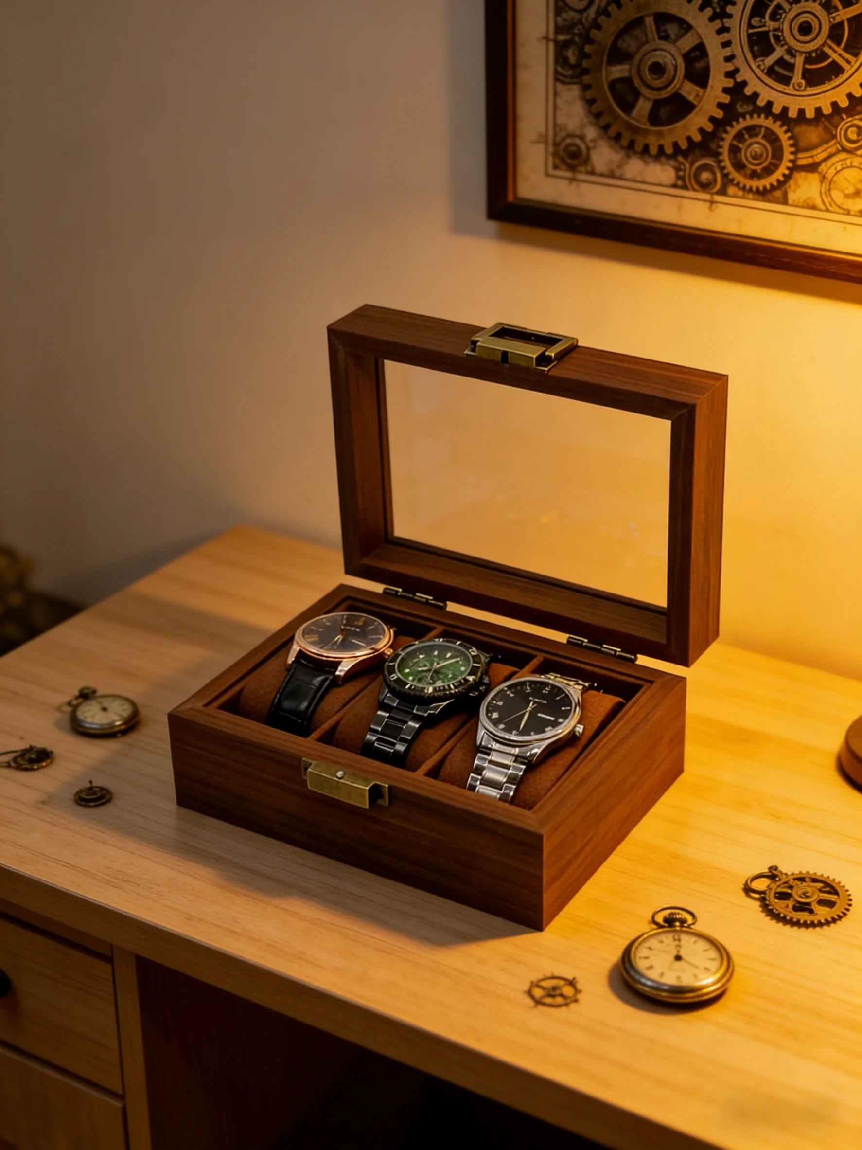 Neues Design 3-Fach Retro Uhrenbox in Dunkler Walnussfarbe mit Braunem Samtinterieur Premium Uhrenaufbewahrung und -verpackung – Detail 1