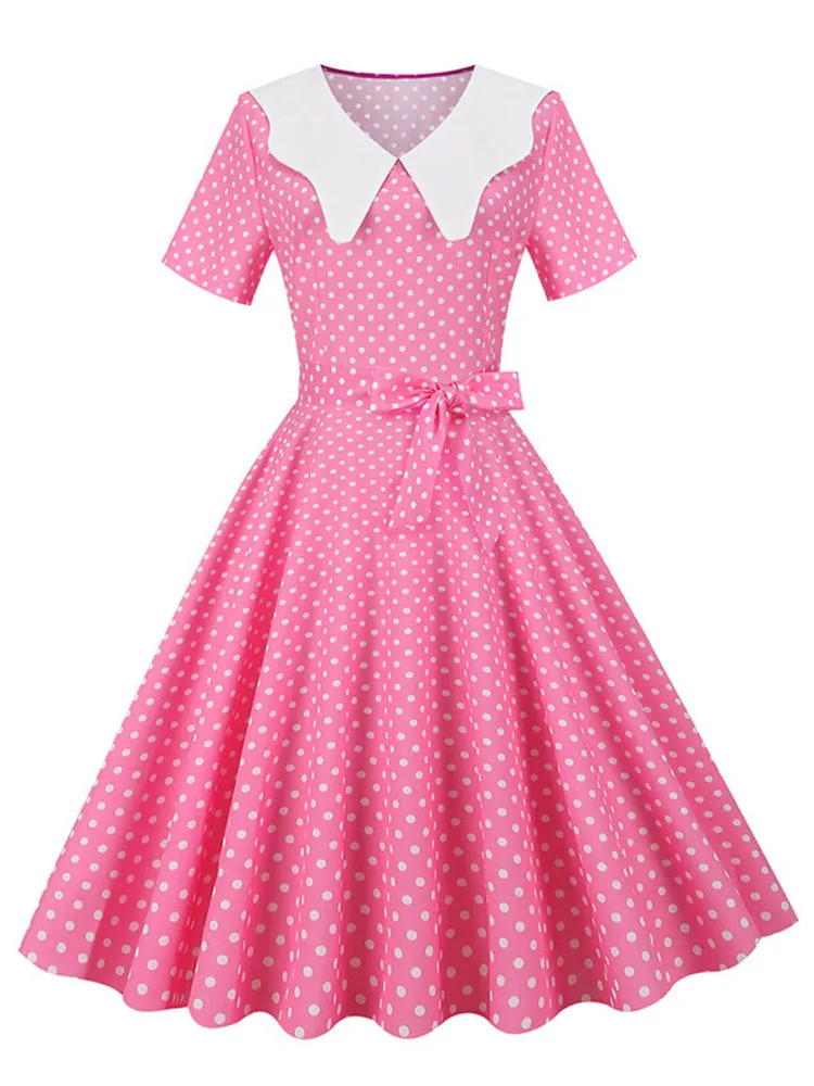 

Polka Dot Vintage Summer Dress Women Short Sleeve Casual Elegant Midi Sundress Peter pan Collar High Waist A Line Vestidos