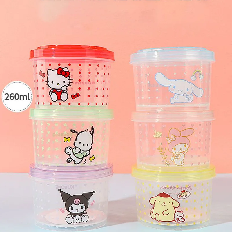 

3Pcs MINISO Sanrio Hello Kitty Kuromi Cinnamoroll Crisper 260ML Kawaii Cartoon Circular Superposition Mini Lunch Box Girl Gifts