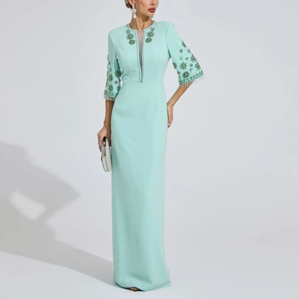 

Индивидуальный вечерний наряд с вышивкой бисером, мятно-зеленое прямое платье макси с рукавом до локтя, украшенное бахромой, длинное торжественное платье