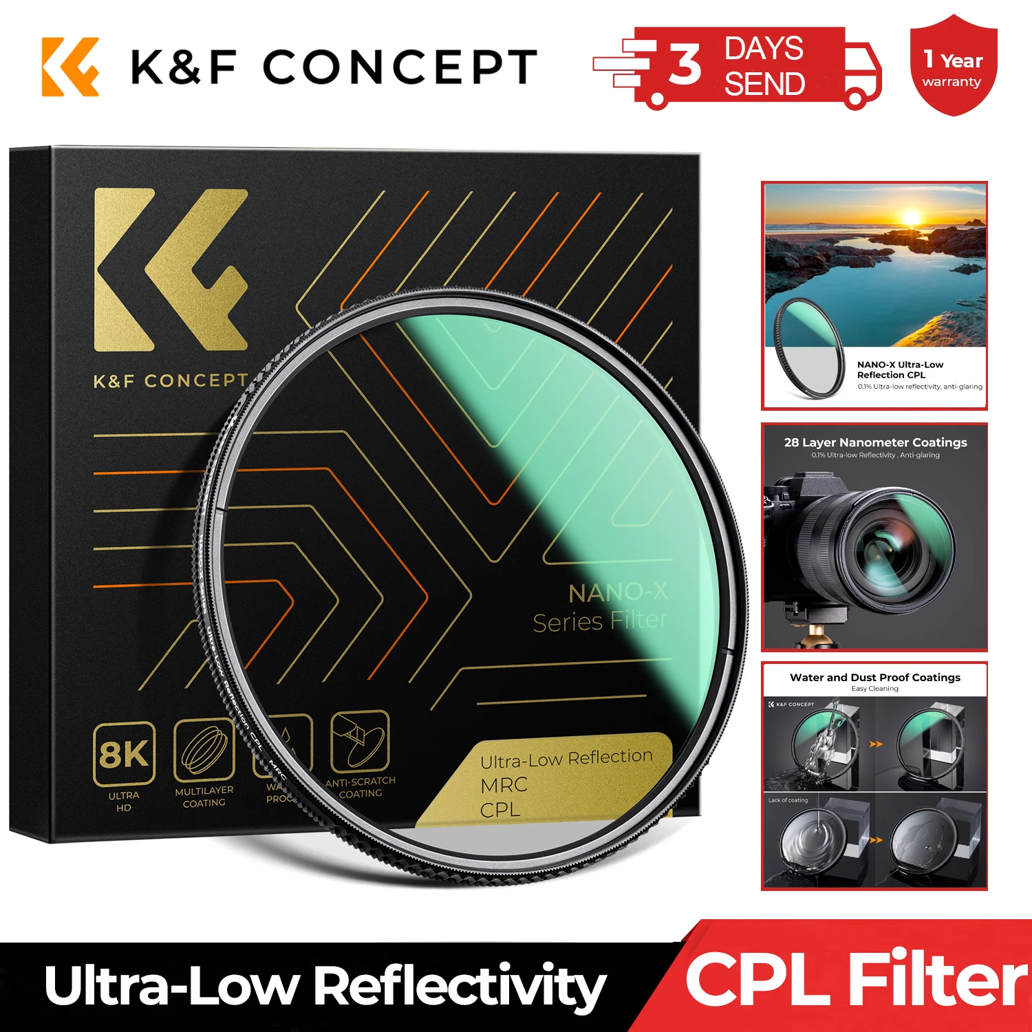 K&F Concept Ultra-Low Reflectivity Circular Polarizer Filter with 28 Multi-Layer Coatings Ultra-Slim HD CPL Filter Nano-X Series