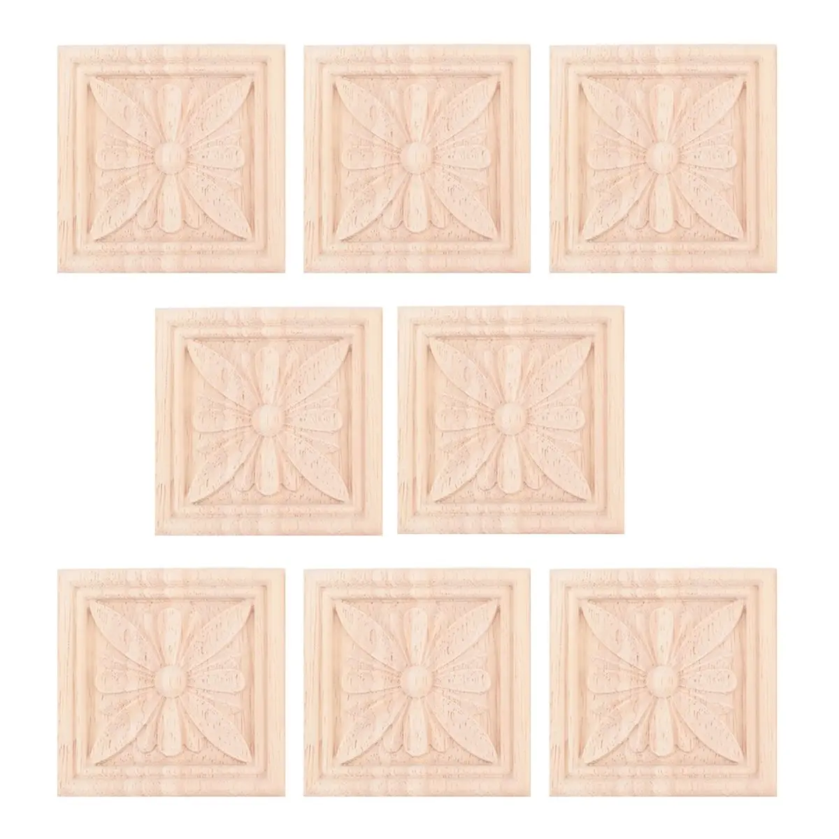 ✼8Pcs Wood Carved Applique Onlay Carving Checkered Unpainted Flower Pattern Decal for Cabinet Door Furniture Decoration