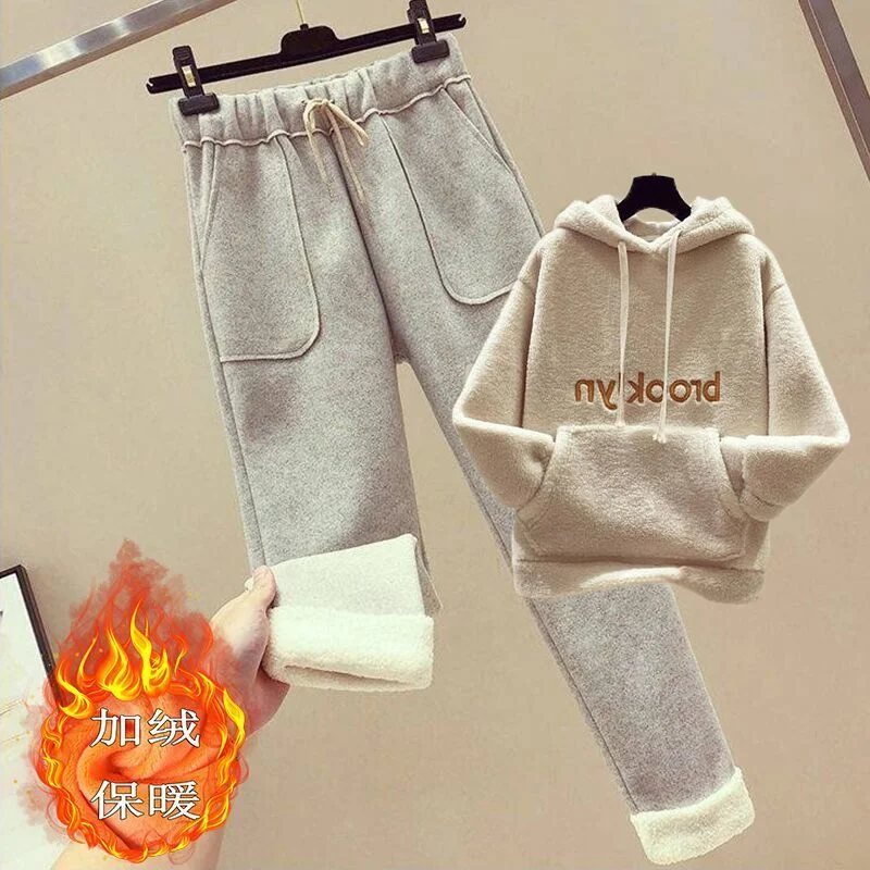 2023 Winter New Plush Thickened Hoodie Fashion Wool Pants Two Piece Fashion Female Student Pants Set Winter Warm Outfits