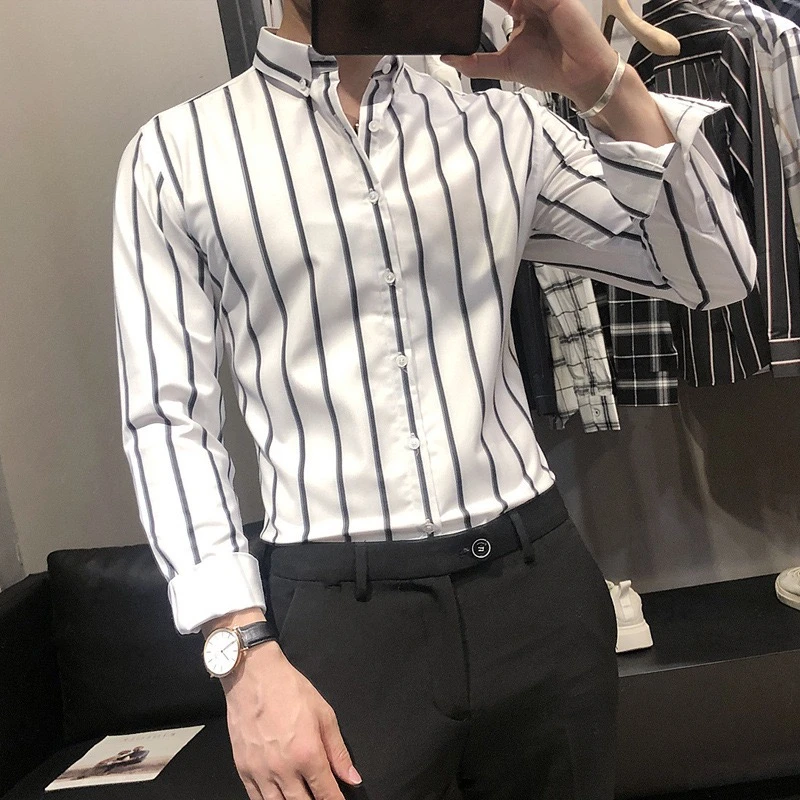 New men\'s printed long sleeved shirts with vertical stripes for spring and summer 2024, casual and loose fitting men\'s clothing