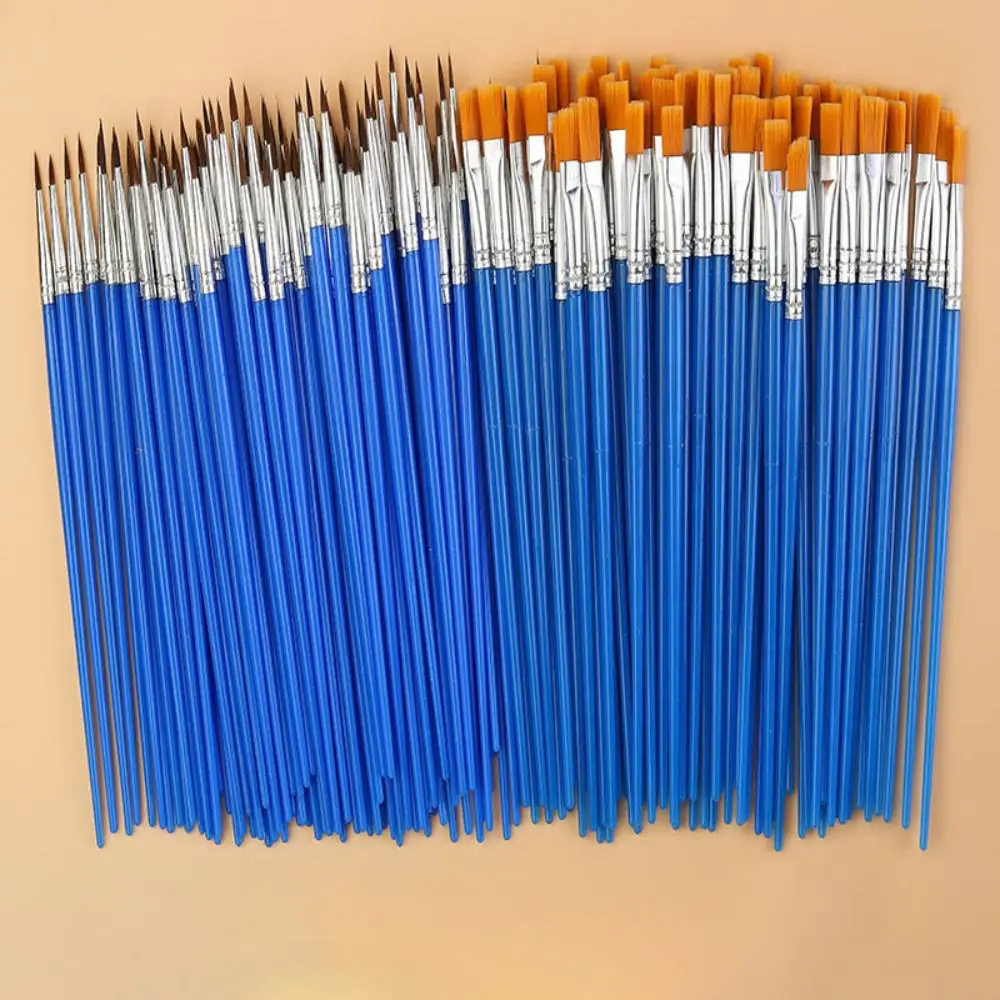 100 Pcs Tool Nylon Hair Paint Brushes Set Flat Art Oil Painting Brushes Ceramic Pointed Painting Supplies Kids