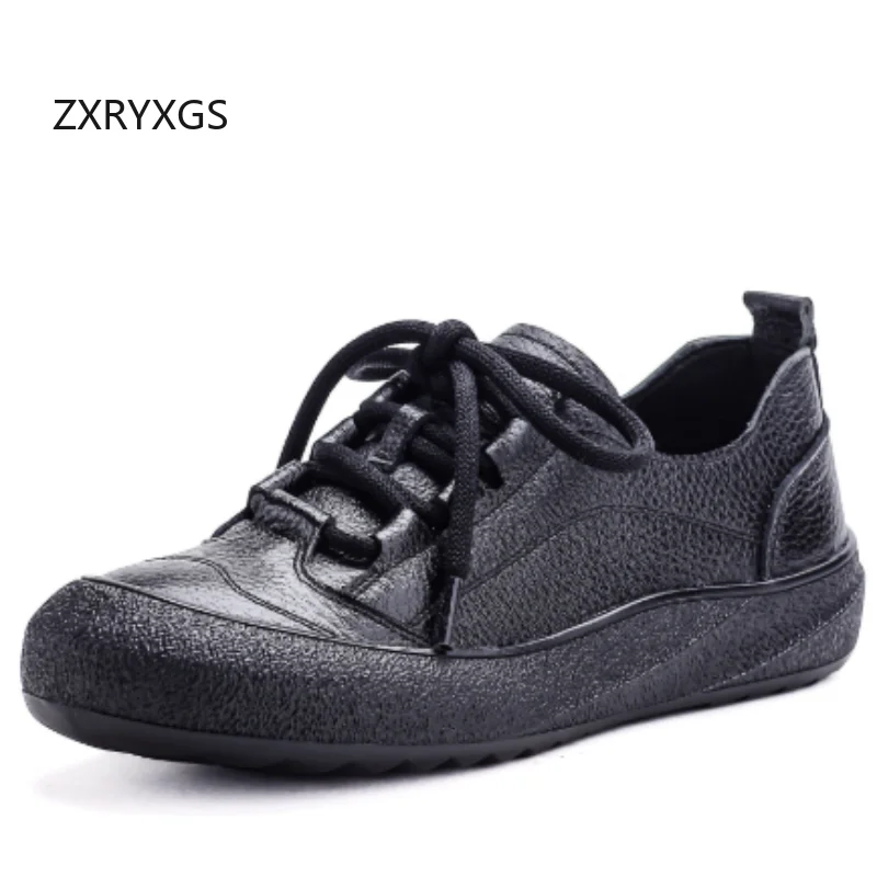 ZXRYXGS Promotion Women Genuine Leather Sneakers Casual Shoes 2026 Round Toe Lace-up Flat Thick Sole Trendy Sneakers Plus Size