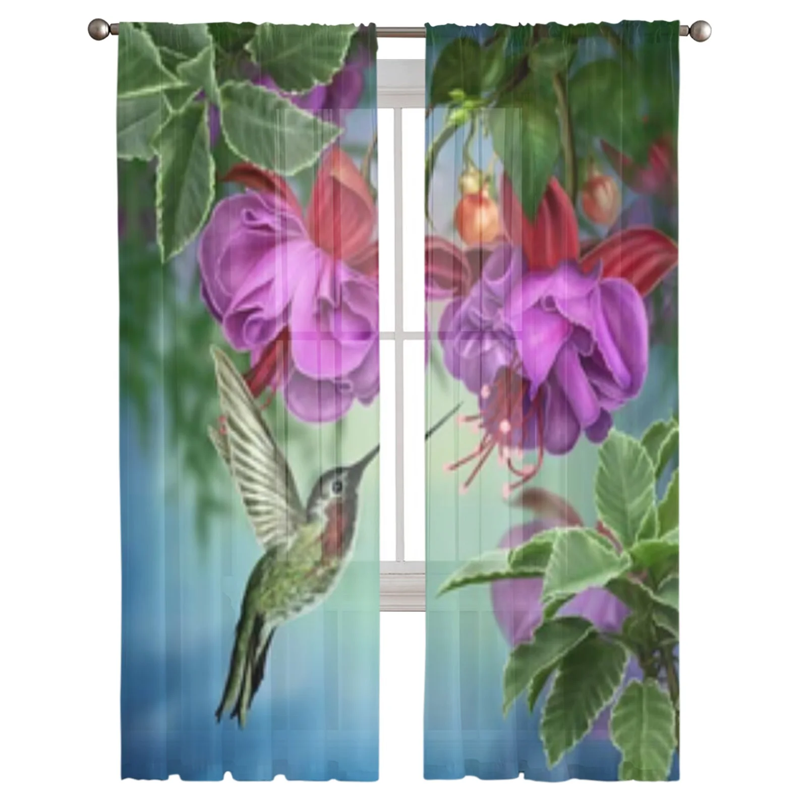 Hummingbirds And Branch Chiffon Sheer Curtains For Living Room Bedroom Decoration Window Tulle Curtains Drapes