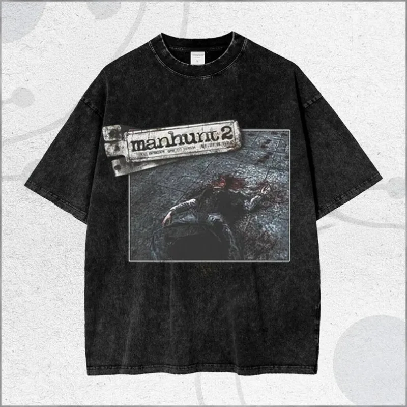 Horror Game Manhunt 2 Washed Tshirt Personality Clothes Suitable for All Seasons Plus Size Unisex Streetwear High Quality Soft