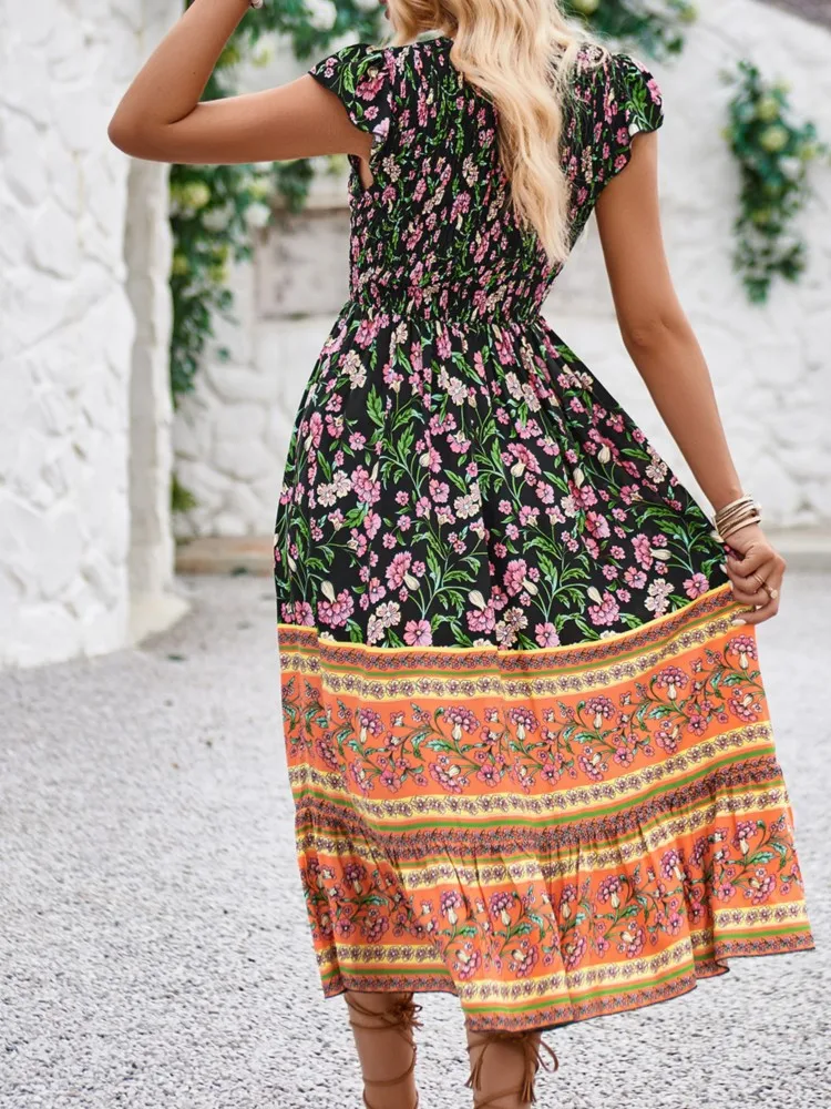 2025 Summer Women's New Casual Dress Fashionable Printed Sexy V-neck Flying Sleeves Bohemian Style Medium Length Dress
