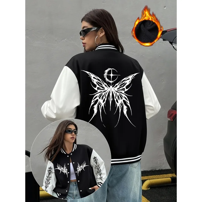 [Wool Baseball Jacket] Women's Wool Baseball Jacket - American Street Style Thorn Butterfly Print