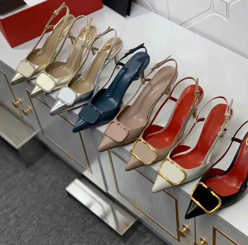 

Brand women high heel sandal 8cm thin heel red wedding shoes Genuine Leather metal buckle Single shoes sexy pointed toe
