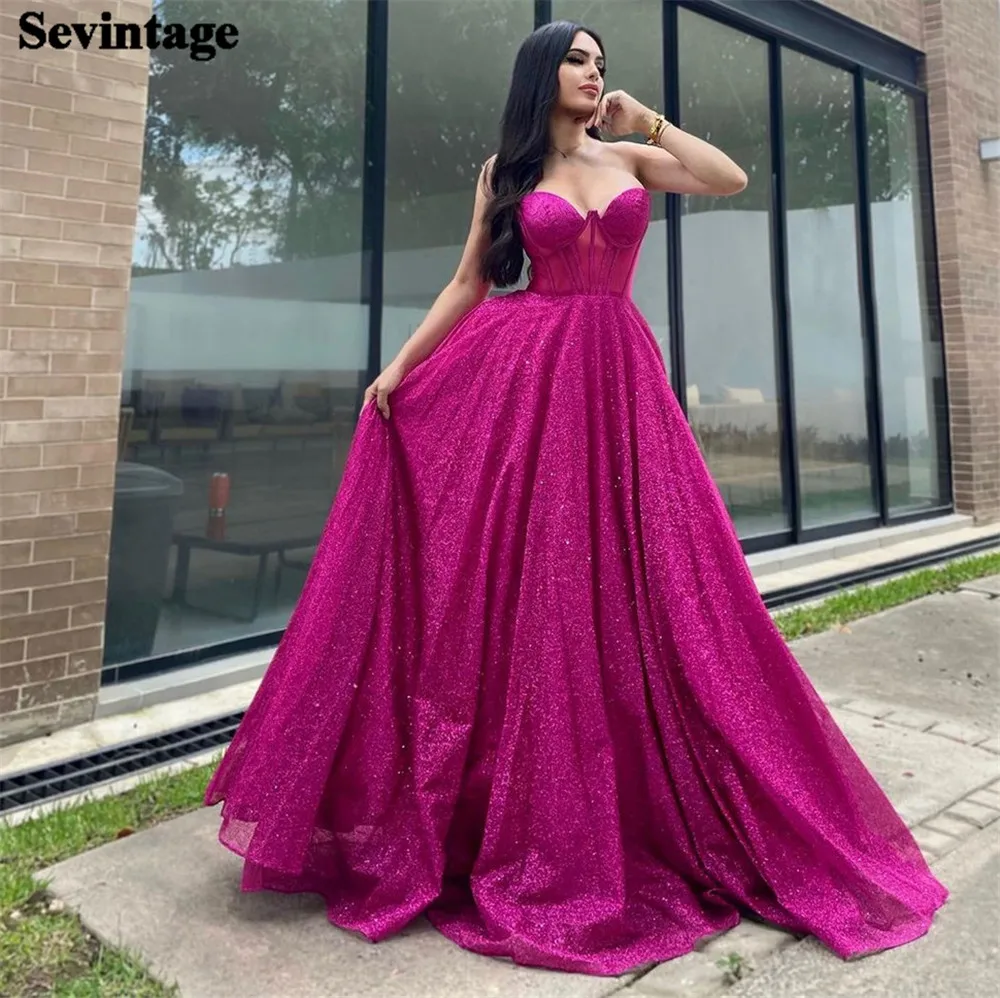 

Sevintage Fuchia Saudi Arabic Shiny Evening Dresses Strapless Floor Length Formal Women Prom Gowns Special Occasion Dresses 2023