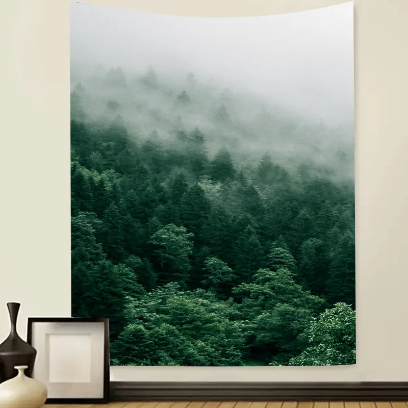 [Autois de forêt brumeuse] Tapisserie de forêt brumeuse en polyester – Tenture murale nature tranquilique 37x28 pouces, parfaite pour le salon, la chambre à coucher,