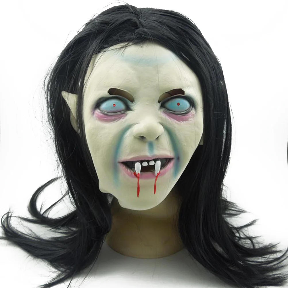 

Creepy Ghost Mask Halloween Toothy Zombie Terrifying for Cosplay and Costume Sadako with Hair The