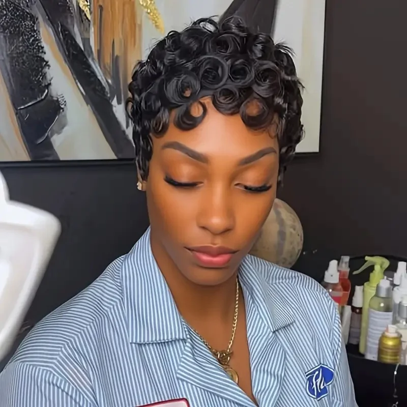 شعر مستعار بقص بيكسي شعر بشري قصير مجعد للنساء مصنوع آليًا