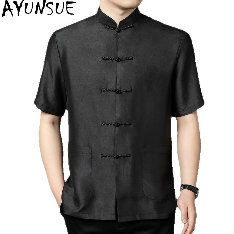 

AYUNSUE 100% Mulberry Silk Shirt for Men Summer 2026 Real Gauze Silk Tops Short Sleeve Shirts Man Clothes Stand Collar Vintage