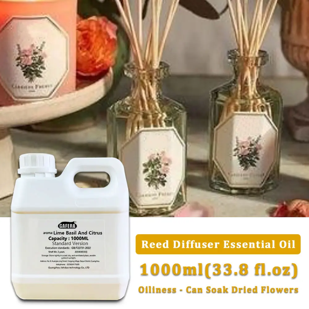 GAFERA 1000ml (33.8 fl.oz) Lime Basil And Citrus Flameless Aroma Essential Oils - Hotel Reed Diffuser Oil, Large Bottle Perfume