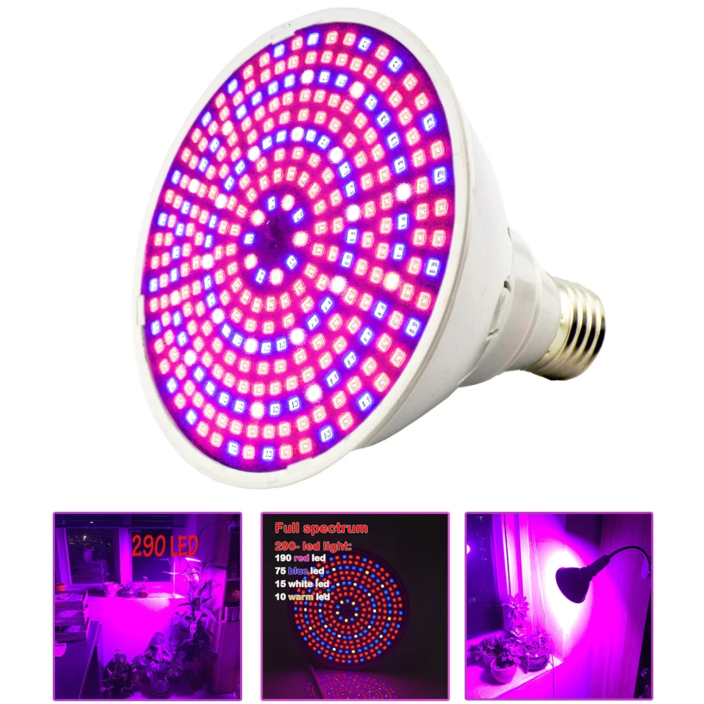 290 LED Grow Light E27 Bulb Full Spectrum Indoor room Plant Growing Lamp Hydroponic for  Flower Vegetable Plants Lighting V27