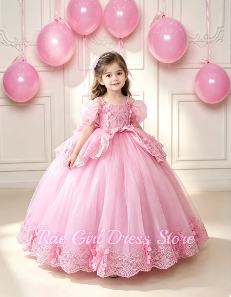 Luxury Pink Flower Girl Dress For Wedding Birthday Pageant Puffy Floor Length Tulle Lace Big Bow Trailing Gowns Customized