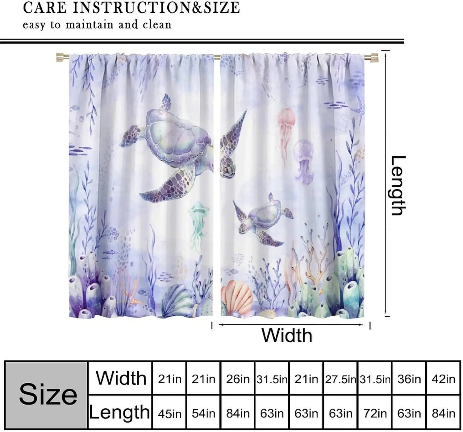 Watercolor Ocean Sea Life Curtains Tropical Sea Turtle Coral Underwater Jellyfish Window Drapes for Bathroom Bedroom Home Decor