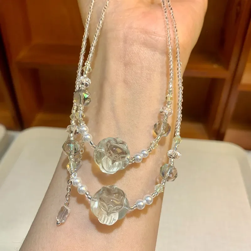 Green Crystal Ball Fox Summer Mori Small Fresh Beaded Necklace Women's Accessories Sweet Temperament Design Clavicle Necklace