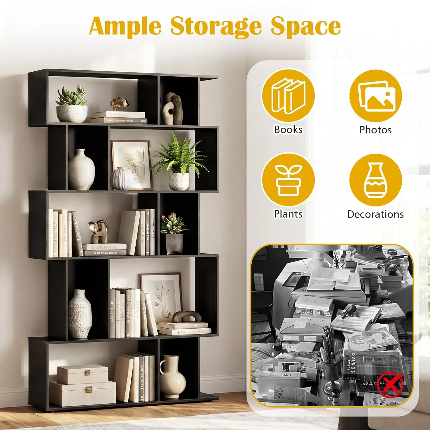 5-Tier Geometric Bookshelf w/Anti-tip Kit & 5 Closed-Back Cubbies, Customized