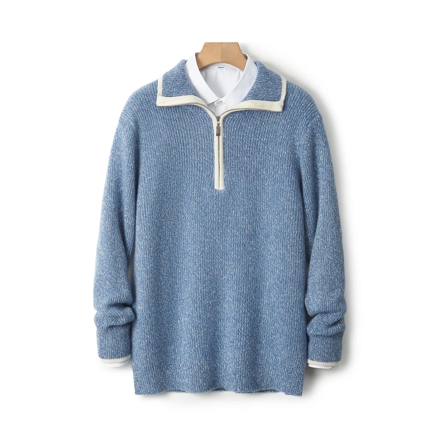 Men's Shirt Collar Thickened Zip Pullover Autumn Winter 100% Merino Wool Color Contrast Classic Business Cashmere Warm Sweater
