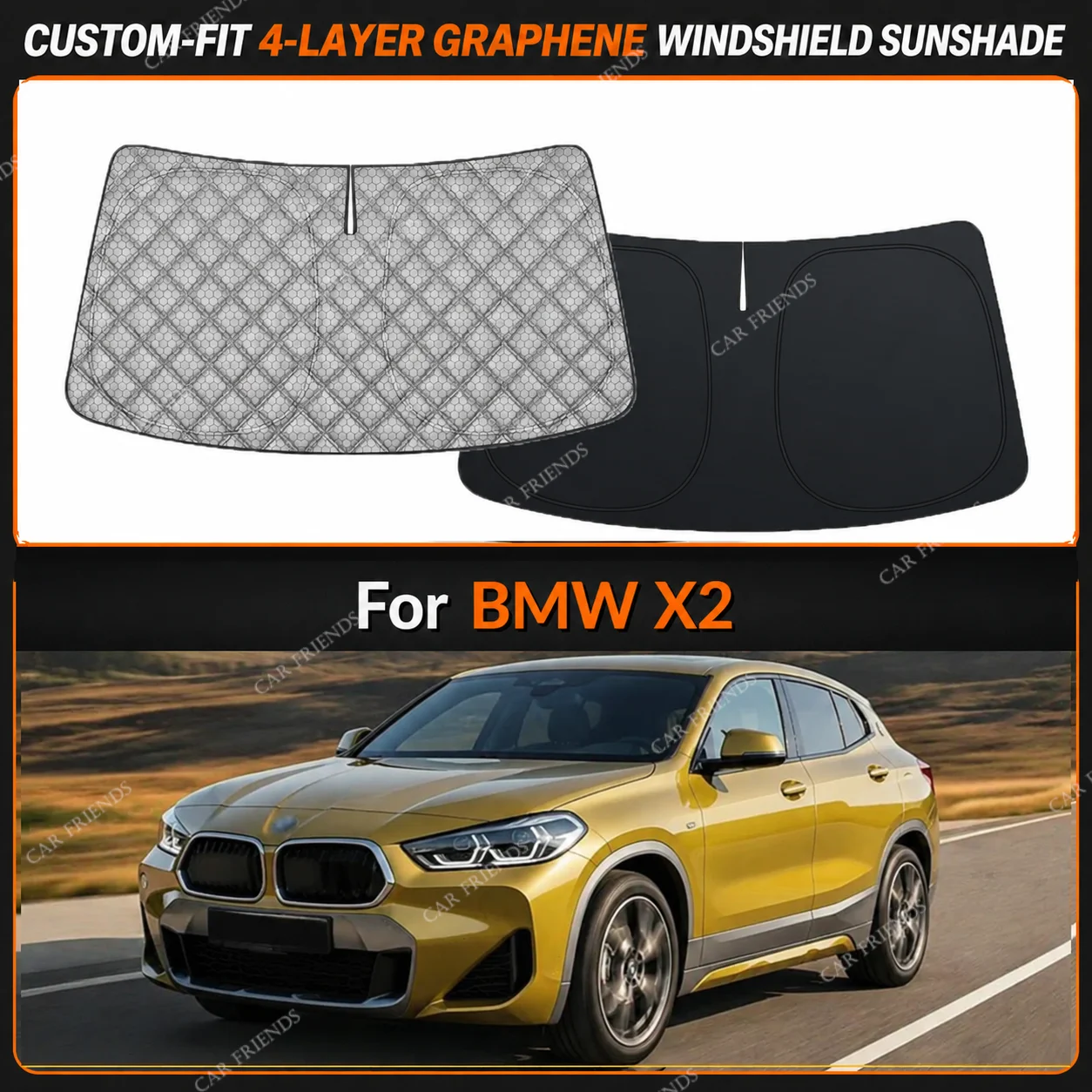 For BMW X2 Custom-Fit 4-Layer Graphene Windshield Sunshade Reflective Gray-Silver Surface Helps Reduce Direct Sunlight