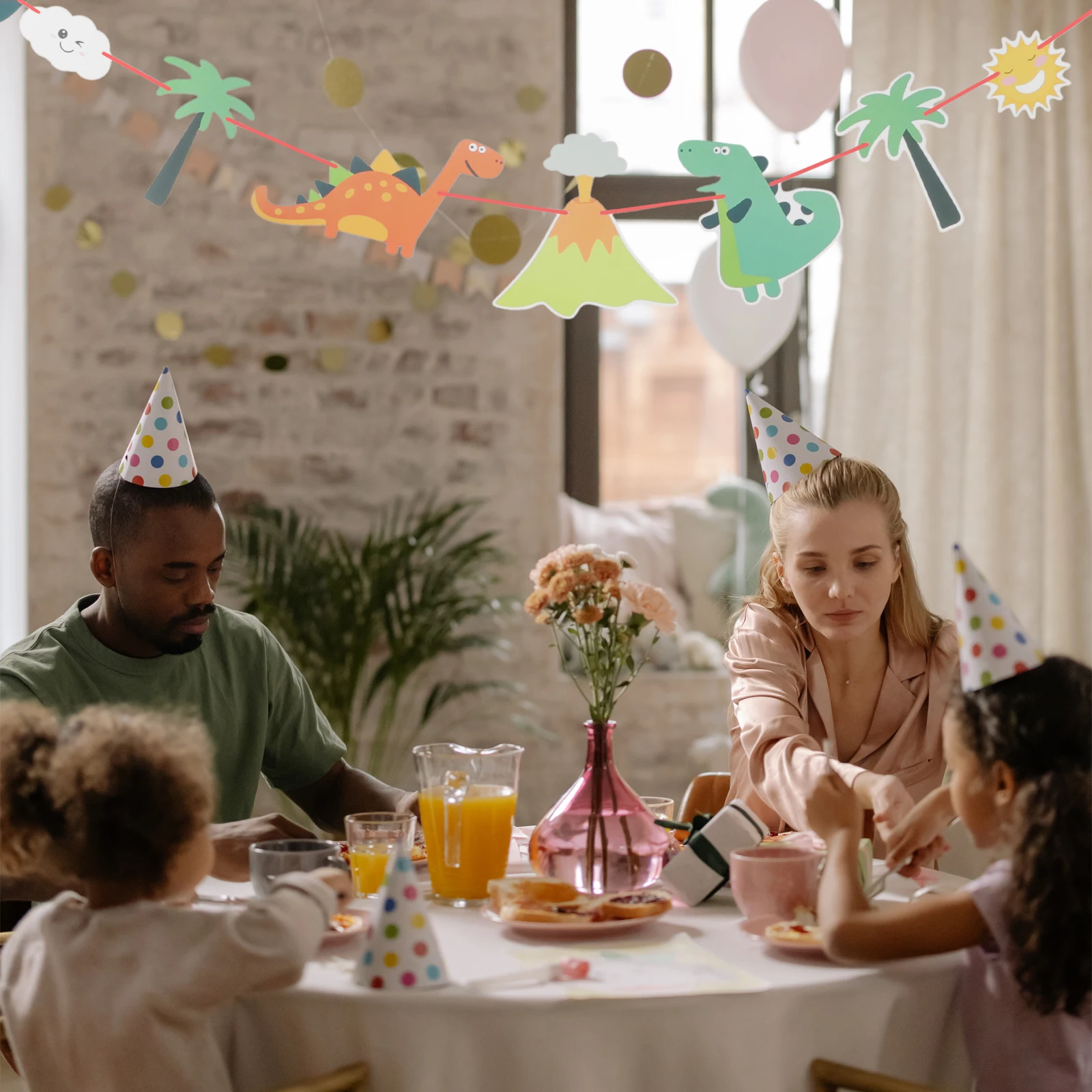 

3pcs Dinosaur Pull Flags Leaf Tropical Party Decorations Hawaiian Birthday Banner Home Garden Shop Decor