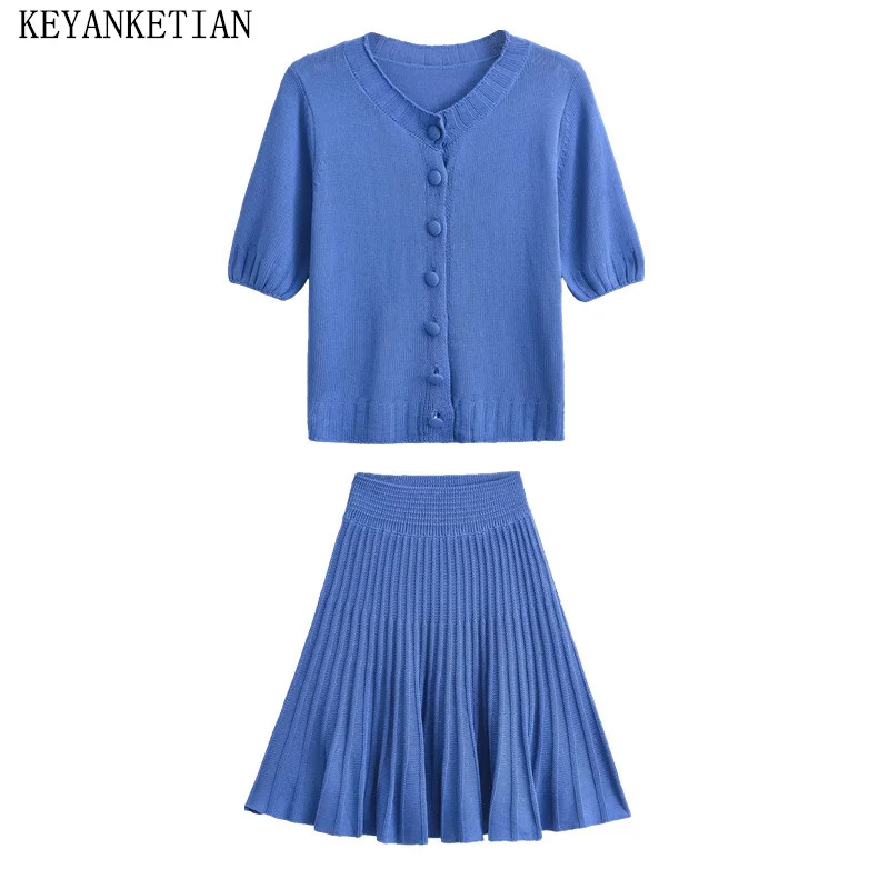 

KEYANKETIAN 2024 New Launch Royal Blue Short sleeve Knit Top Stretch waist Mini Skirt Women's Thin Two Pieces Sets Office Lady