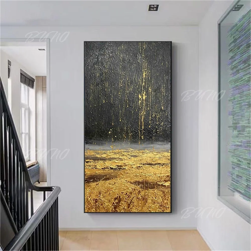 100% Hand Painted Abstract Oil Painting Original Black Gold Foil Luxury Textured Wall Art For Home Living Room Bedroom Decor