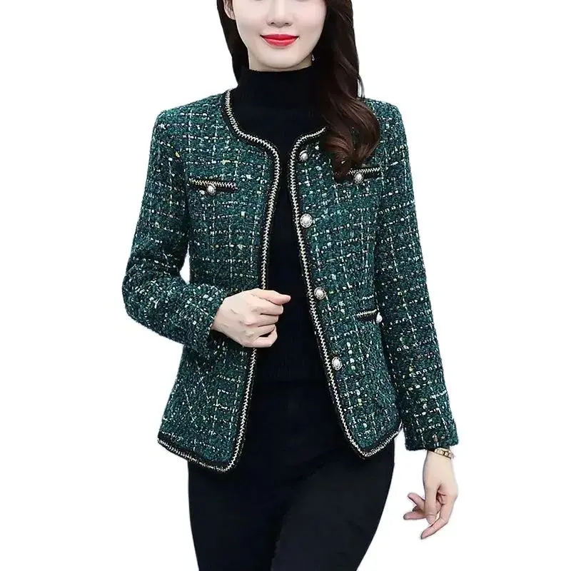 

2024 New Spring Autumn Jacket Middle Aged Women Fashion Coat:Top Round Neck Single Breasted Casual Suit Coat Casaco Feminino