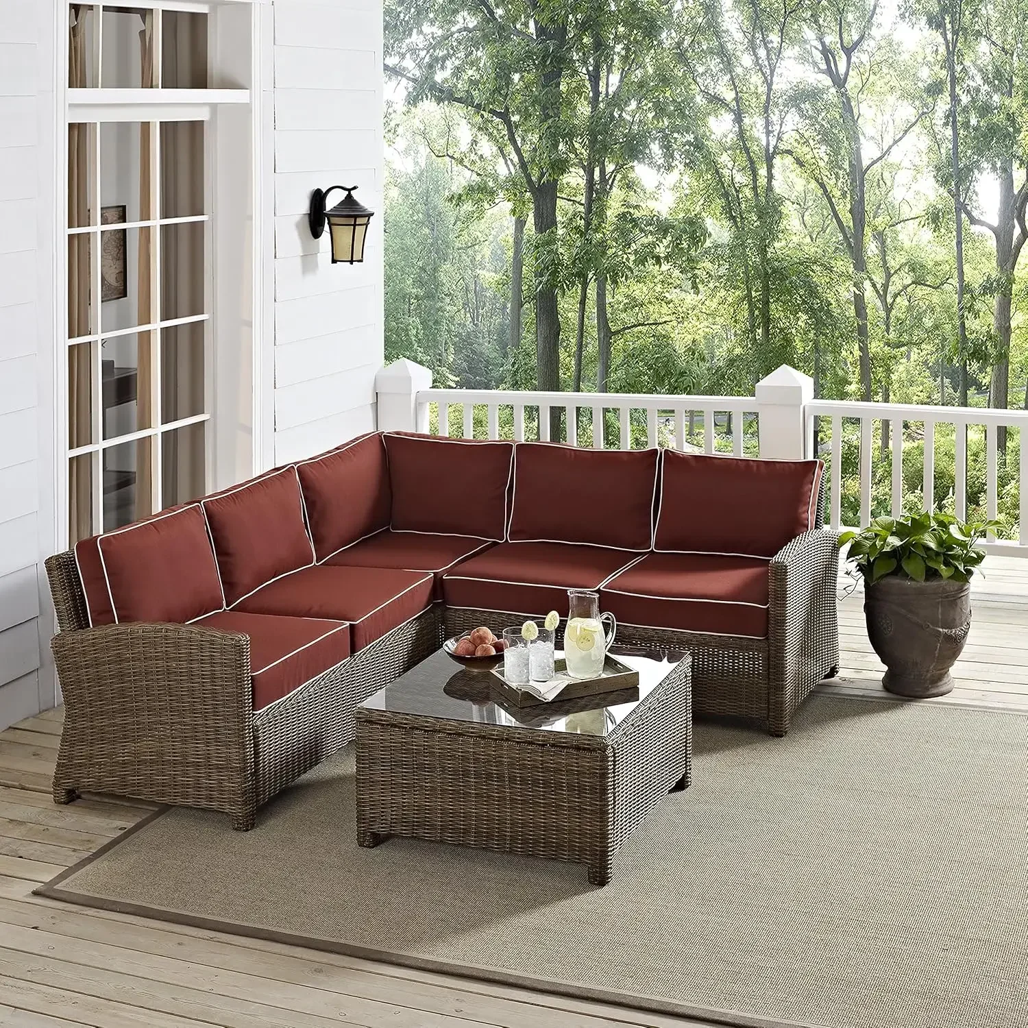 KO70019WB-SG Bradenton Outdoor Wicker 4-Piece Sectional Set (2 Loveseats, Corner Chair, Coffee Table)